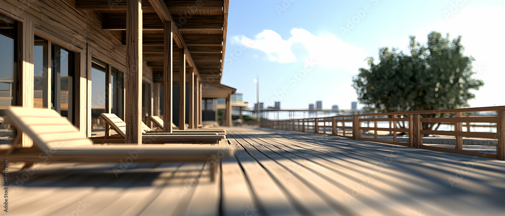 Fototapeta premium Wooden Patio With River View In Sunny Day