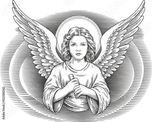 Illustration of an angel with wings and a halo holding a scroll in black and white