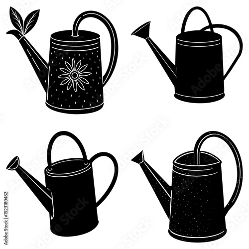 Four black and white watering cans with different designs and spout styles on a white background image