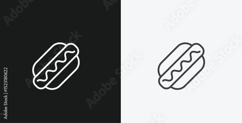 Hot Dog with Mustard Wiggles on Black and White Backgrounds, Representing Fast Food or Snack