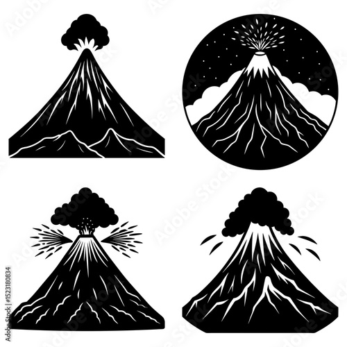 Four volcano illustrations in black and white showing different eruption styles and mountain shapes