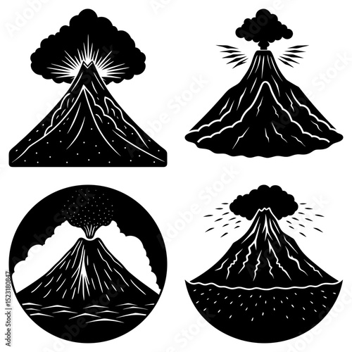 Four volcano illustrations showing eruptions with smoke and lava in a black and white vector graphic style