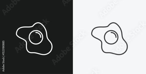 White Outline Icon Fried Egg on Black and White Backgrounds, Representing Breakfast Food or Cooking
