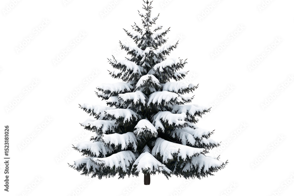 Obraz premium Snow covered evergreen tree stands tall, its branches blanketed in white, evoking serene winter scene. lush green needles peek through snow, creating picturesque contrast