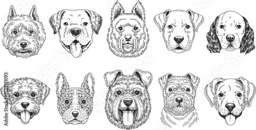 Ten different dog breeds are displayed in a detailed monochrome drawing