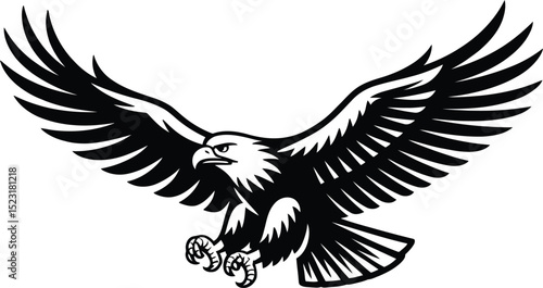 Illustration of a black and white eagle with wings spread wide open flying