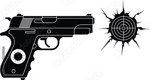 Silhouette of a handgun pointing towards a cracked target on a white background