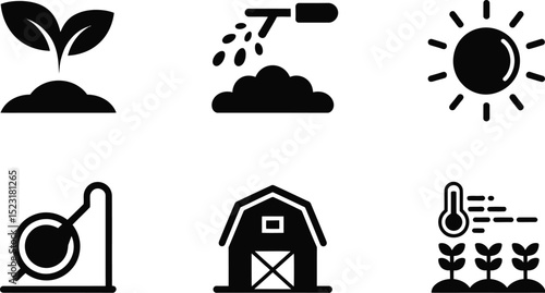 Black and white agriculture icons showing plant growth and farming process