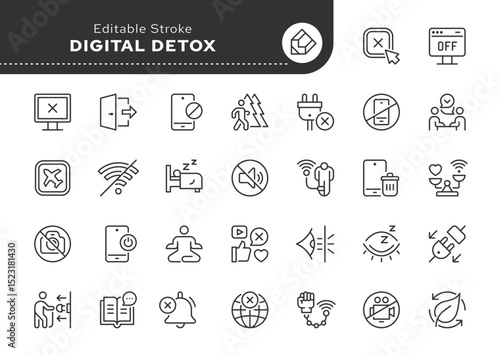 Digital detox line icon set. Unplug, no phone, no Wi-Fi, no internet, offline, turn off, computer refusal, reading, walk, live communication. Outline icon in linear style. Vector collection.	
