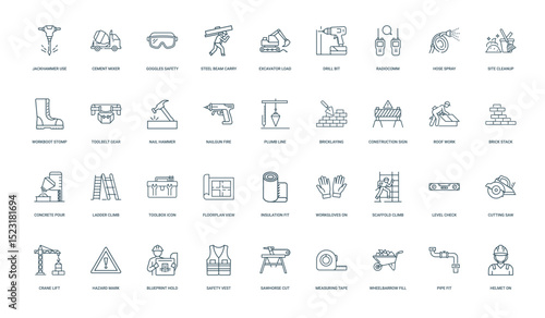 collection construction-themed icons tools equipment activities construction work