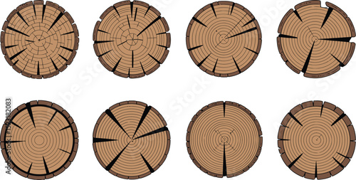 Illustration of eight wood log cross sections with visible growth rings