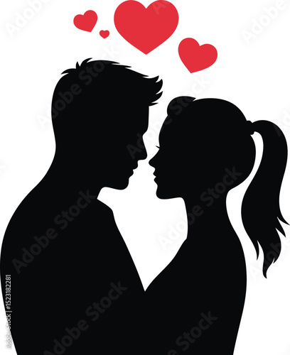 Silhouette of a couple embracing with red hearts floating above their heads