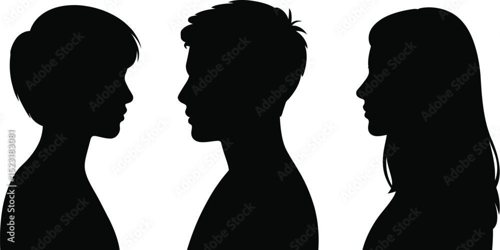 Silhouettes of three people with different hairstyles in a row on white Silhouettes of three people with different hairstyles in a row on white