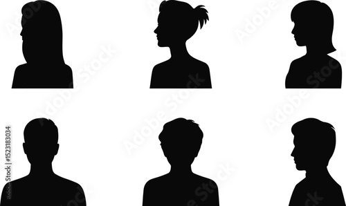 Collection of six black silhouette portraits on a white background grid