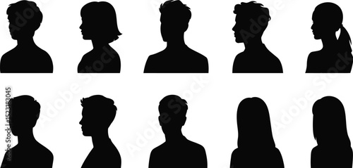 Ten black silhouette portraits of people with various hairstyles on white
