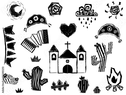 Set of doodles, elements of Brazilian cordel. Xilogravura. Woodcut of moon, sun, leather hat, church, bonfire, cacti, heart, rain, flags, fence