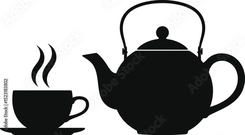 Black silhouette of a teapot and a cup of tea with steam on a white background