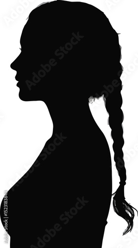 Silhouette of a woman with a braid against a bright white background space