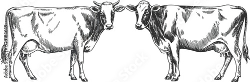 Two cows facing forward in a black and white sketch style illustration
