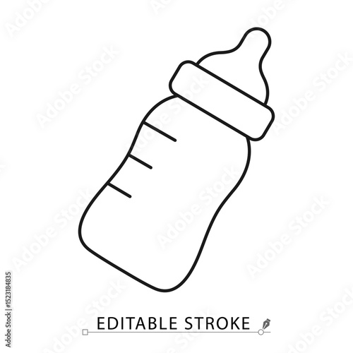Baby milk bottle icon in black minimal outline style with measurement marks and nipple top. Editable stroke vector for feeding, infant care, baby products and newborn nutrition. Milk bottle icon.