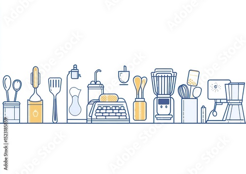 Kitchen tools and appliances, line art style