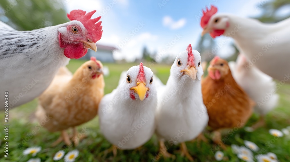 Fototapeta premium Various chickens are gathered in a circle, pecking the ground and socializing under a clear blue sky in a vibrant garden