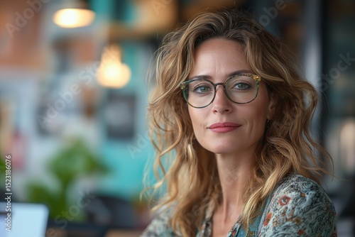 Charming Woman in Glasses Smiling Indoors. Stylish and Relaxed Lifestyle at Modern Cafe
