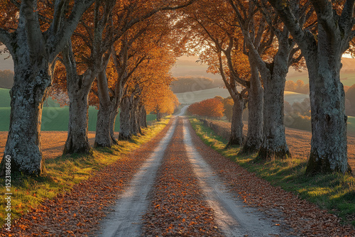 Dirt road lined with trees and leaves.