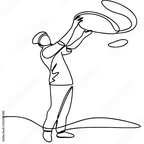 Chef tossing pizza dough skillfully.  Pizza maker demonstrates dough tossing technique.  Professional chef preparing pizza dough for baking. This image is perfect for culinary websites, cookbooks,