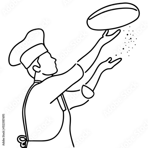 Chef tossing pizza dough in air.  Pizza chef preparing dough for pizza.  Expert pizza maker demonstrates skill in tossing dough. This image is perfect for restaurant menus, culinary blogs,