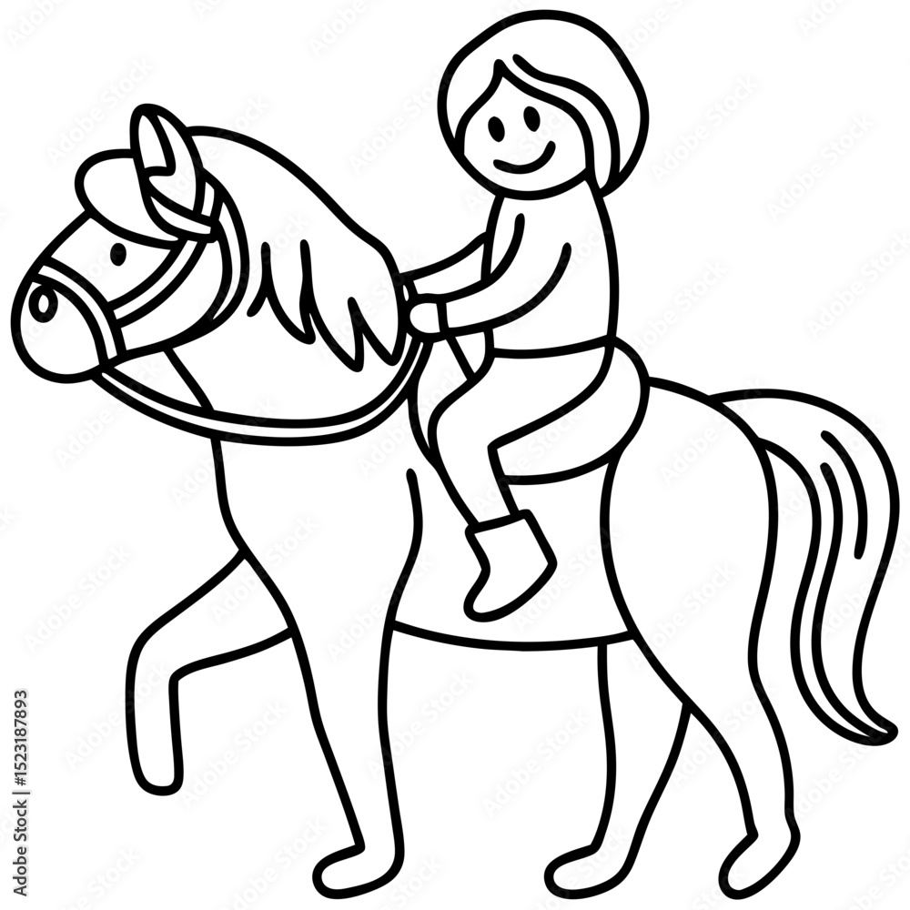 Fototapeta premium Child riding pony illustration. Happy kid enjoys pony ride. Cute cartoon character on horseback. Perfect child riding pony image for children books, greeting cards, or website design.