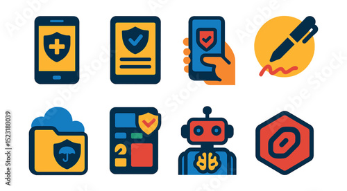 Flat vector icons of insurance technology and apps: insurance app screen, digital policy icon, claim submission on phone, e-signature symbol, cloud policy folder, smart coverage calculator, AI risk