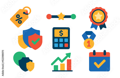 Flat vector icons of savings and premium options: discounted premium tag, flexible coverage slider, bundle insurance icon, loyalty reward badge, annual savings calculator, no-claim bonus icon, cost