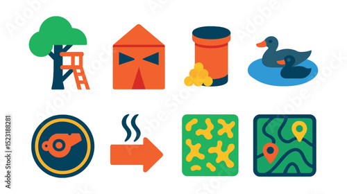 Flat vector icons of seasonal and ethical hunting: duck season calendar, deer rut symbol, ethical shot icon, fair chase badge, meat donation crate, wildlife respect scroll, sustainable hunt flag,