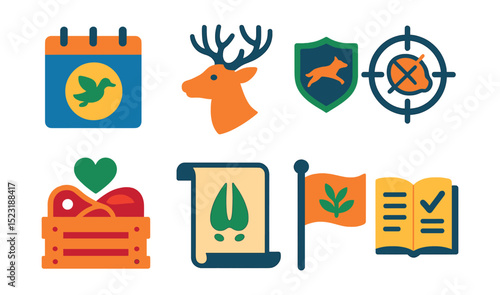Flat vector icons of seasonal and ethical hunting: duck season calendar, deer rut symbol, ethical shot icon, fair chase badge, meat donation crate, wildlife respect scroll, sustainable hunt flag,