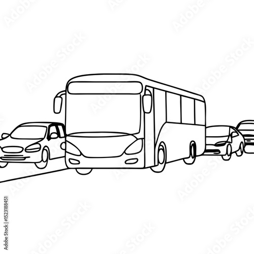 Electric bus in city traffic jam. Eco-friendly public transport navigating congested streets.  Electric bus effortlessly maneuvers through rush hour, offering sustainable urban mobility solution.