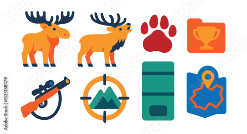 Flat vector icons of big game hunting icons: moose with antlers, elk bugling icon, bear paw print, trophy tag folder, scoped rifle with sling, mountain range target, long-range shooting mat, big game
