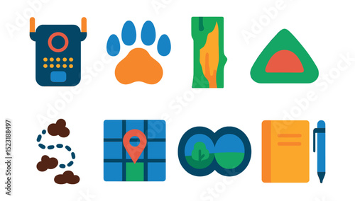 Flat vector icons of tracking and scouting: trail camera icon, fresh track symbol, rubbed tree bark, bedding area marker, scat trail, scouting map grid, binocular viewfinder, field notebook and pen.