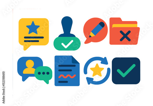 Flat vector icons of workflow feedback and review: review comment bubble, approval stamp icon, rejected file folder, edit suggestion badge, peer feedback chat, marked-up document, review loop cycle,