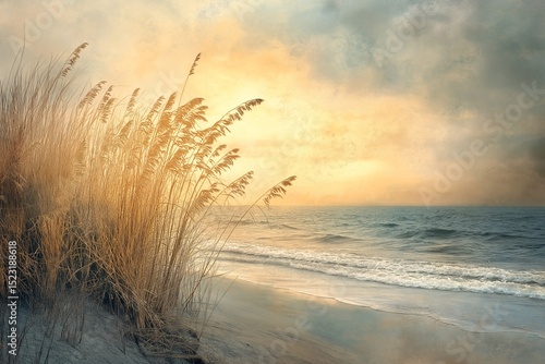 Serene Coastal Scenery at Sunset. Tranquil Waves, Lush Grass, and Breathtaking Ocean Horizon