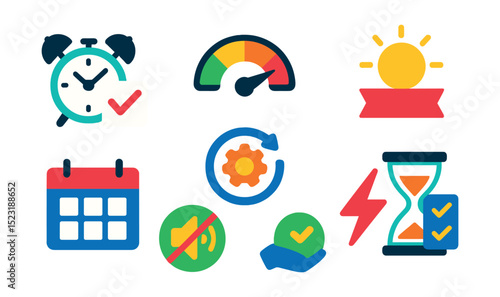 Flat vector icons of time management and efficiency: alarm clock with task, priority level meter, optimized routine symbol, early start badge, calendar block view, minimal distraction icon, quick
