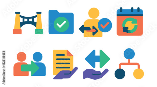 Flat vector icons of cross-functional workflow: cross-department bridge icon, shared resource file, inter-team task icon, sync calendar badge, collaboration request symbol, handoff document icon,