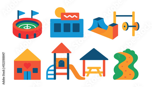 Flat vector icons of recreational infrastructure: sports stadium icon, swimming pool building, skatepark ramps, outdoor gym setup, community center icon, playground structure, picnic shelter, bike