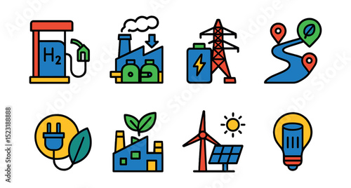 Flat vector icons of energy transition infrastructure: hydrogen station icon, carbon capture facility, electric grid battery, energy transition roadmap, climate-neutral power source, green energy hub