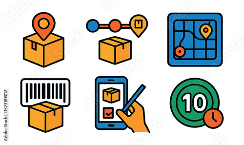 Flat vector icons of parcel tracking and delivery: location pin on box, delivery timeline icon, shipment status dashboard, GPS route path, package tracking barcode, real-time delivery app, recipient