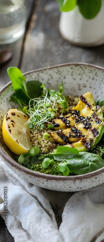 quinoa salad, charred avocado, wilted