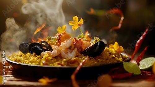 spanish thai fusion paella, golden