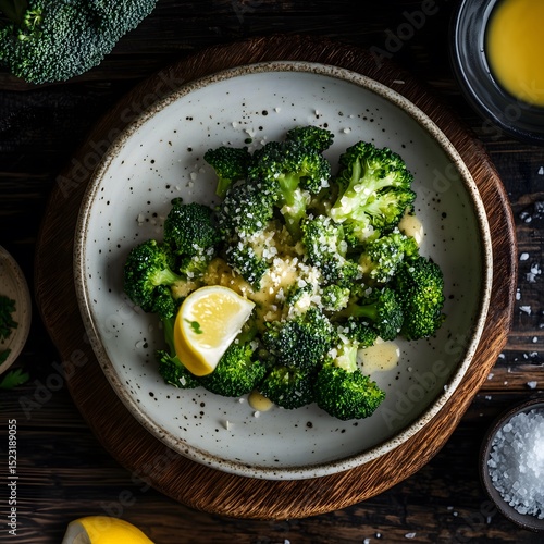 steamed broccoli, garlic butter glaze,