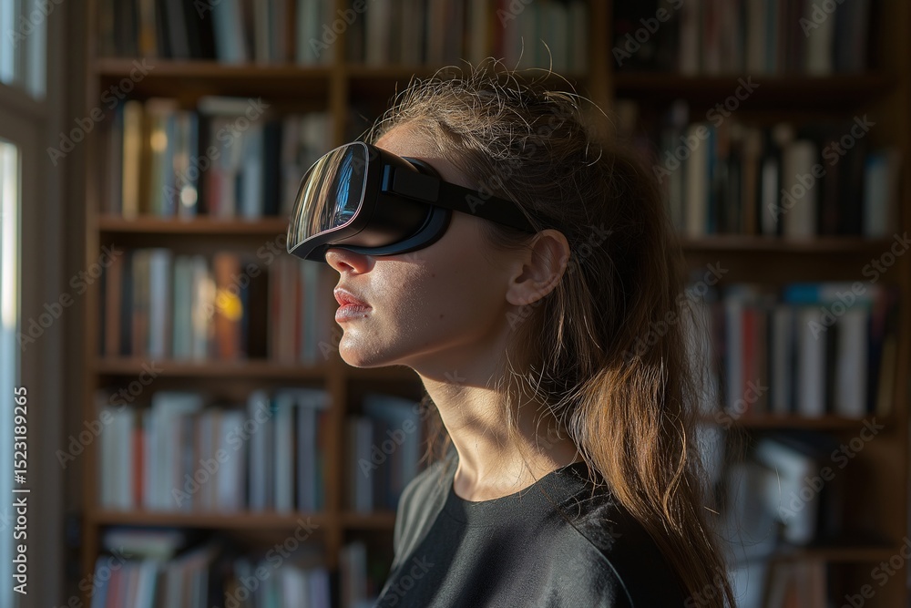 Immersive Virtual Reality Gaming. Young Adult Using VR Headset in Home Setting with Bookcase Backdrop Immersive Virtual Reality Gaming. Young Adult Using VR Headset in Home Setting with Bookcase Backdrop