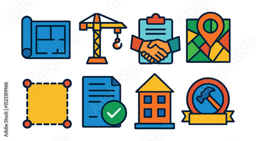 Flat vector icons of real estate construction and development: floor plan blueprint, construction site crane, developer agreement, property zoning map, land parcel boundary, permit approval icon, new